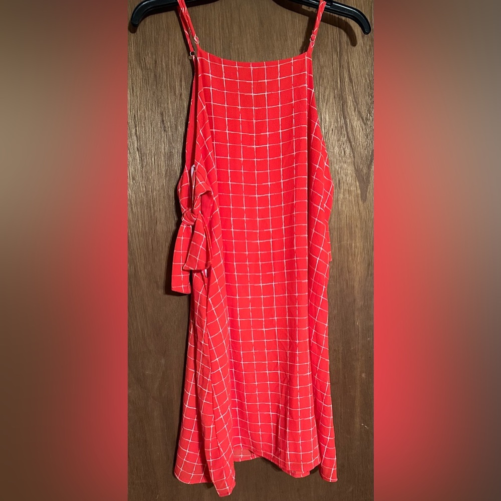 Square pattern red spaghetti strap dress